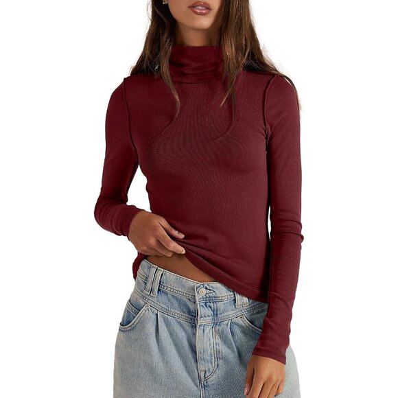 Women's Undershirts All Dark Red Long Shirt Sleeve Ribbed Fit Slim Top Tees - Picture 3 of 5